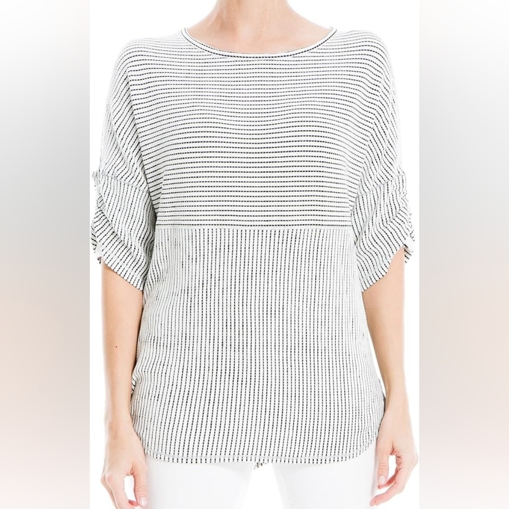 Max Studio Black and White Striped Short Sleeve Top